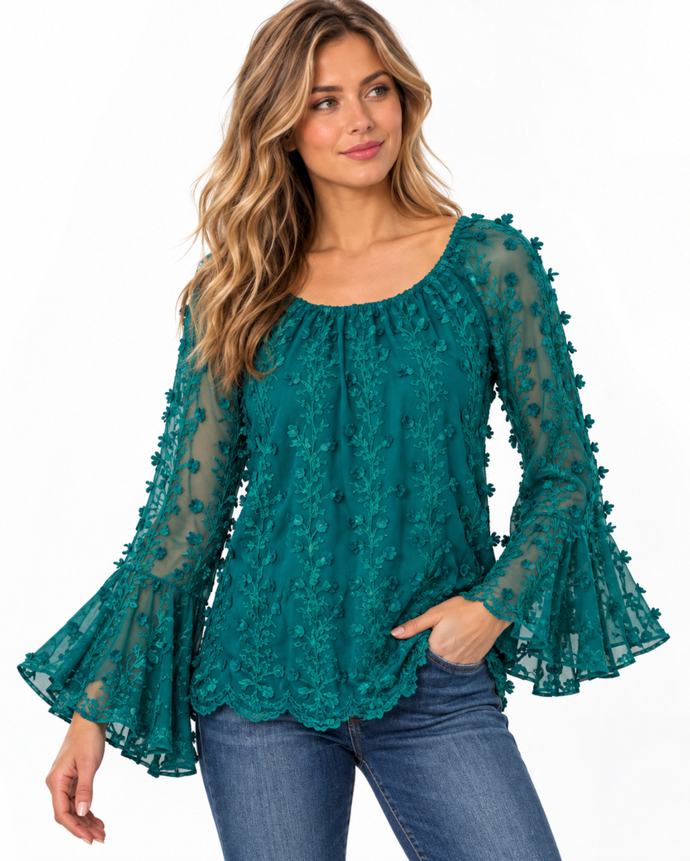 Pyramid Collection Three Dimensional Embroidered Top Teal Lace Bell Sleeve 2X